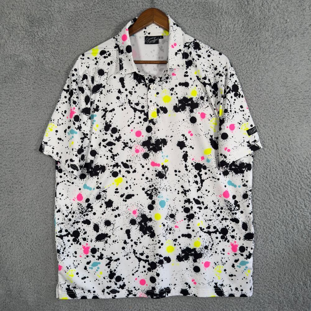 Sunday Swagger Polo Shirt Men XL White Paint Splatter Performance Stretch Golf